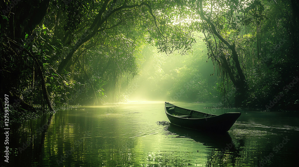 Serene journey through the misty jungle river by boat, a tranquil escape into nature's embrace. Dreamlike scenery, lush greenery, and peaceful waterway. Serene journey through the misty jungle river by boat, a tranquil escape into nature's embrace. Dreamlike scenery, lush greenery, and peaceful waterway.