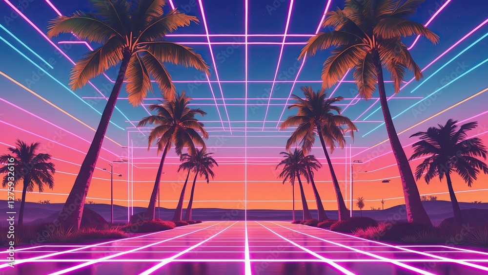 Naklejka premium Retro Neon Palm Sunset for Summer Advertising