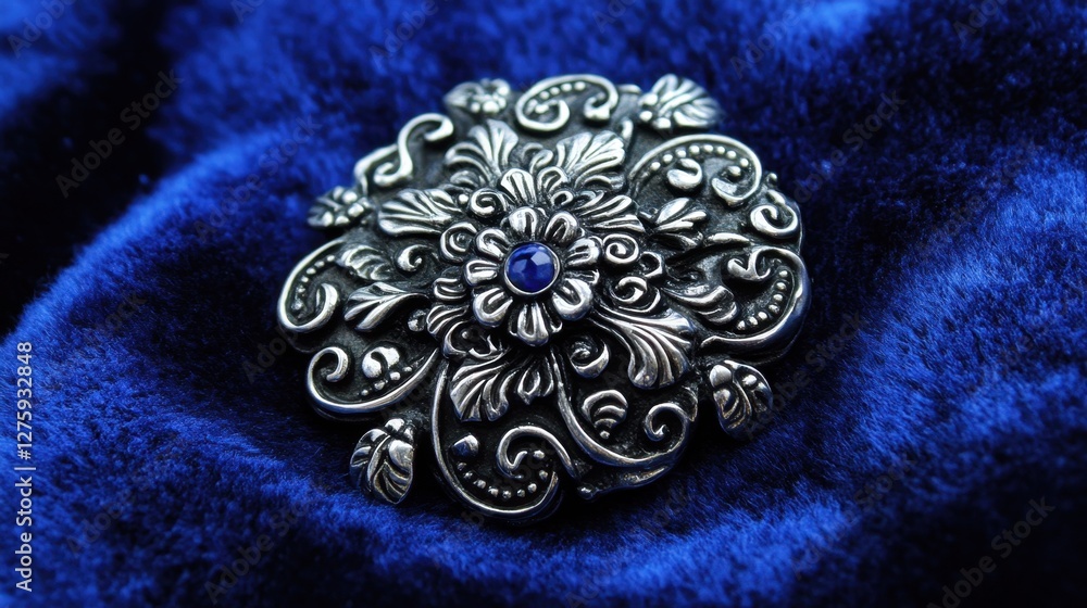 Obraz premium A close-up of an antique silver brooch with intricate details on a deep blue velvet surface
