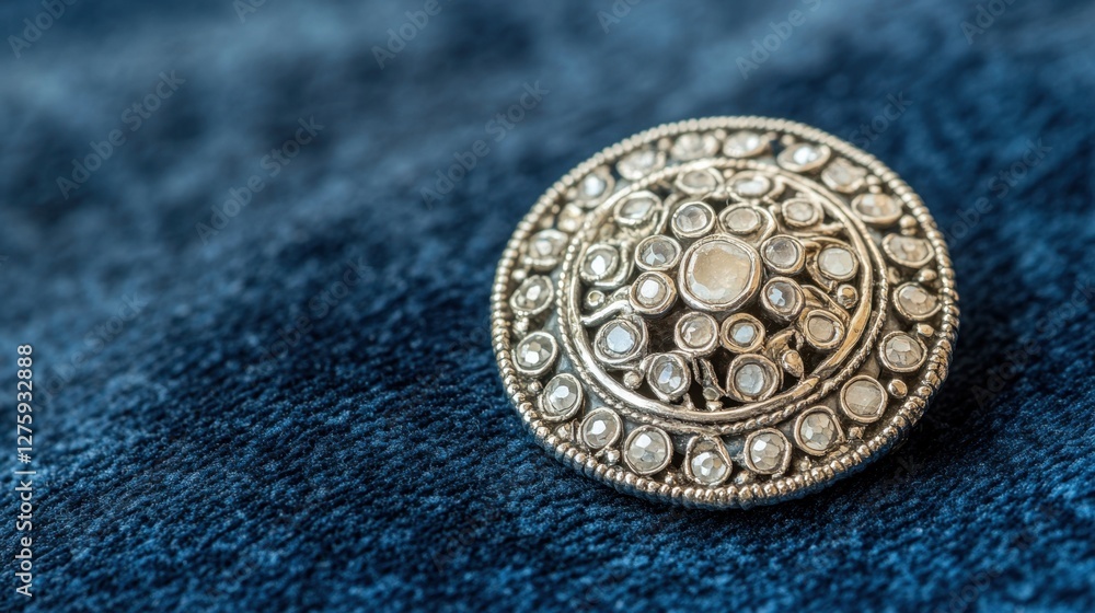 A close-up of an antique silver brooch with intricate details on a deep blue velvet surface A close-up of an antique silver brooch with intricate details on a deep blue velvet surface