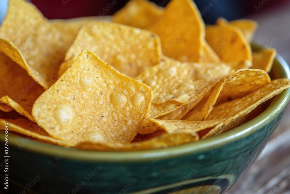 A bowl of tortilla chips placed on a table, ready for snacking A bowl of tortilla chips placed on a table, ready for snacking