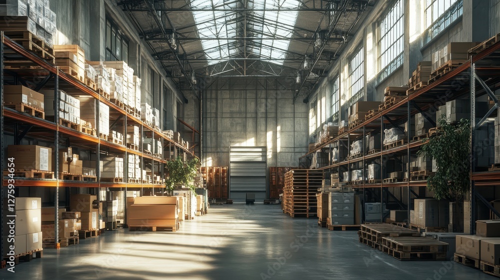 A spacious warehouse with high ceilings, filled with shelves stacked with boxes and wooden pallets, illuminated by natural light from large windows. A spacious warehouse with high ceilings, filled with shelves stacked with boxes and wooden pallets, illuminated by natural light from large windows.