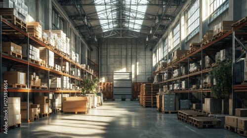 Wallpaper Mural A spacious warehouse with high ceilings, filled with shelves stacked with boxes and wooden pallets, illuminated by natural light from large windows. Torontodigital.ca
