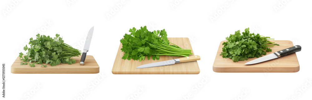 Fresh Herbs Preparation with Knives on Wooden Boards Isolated on transparent background Fresh Herbs Preparation with Knives on Wooden Boards Isolated on transparent background