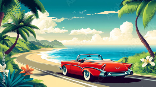 Cabriolet drive on road on sea coast with sand beach and palm trees. Summer tropical landscape of ocean shore, asphalt highway and retro car, vector cartoon illustration
