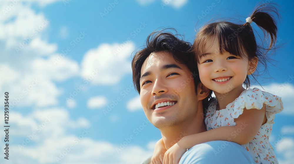 A joyful father carries his smiling daughter on a sunny day, perfect for family-oriented designs, Father's Day, summer activities, or nostalgia-themed projects. A joyful father carries his smiling daughter on a sunny day, perfect for family-oriented designs, Father's Day, summer activities, or nostalgia-themed projects.