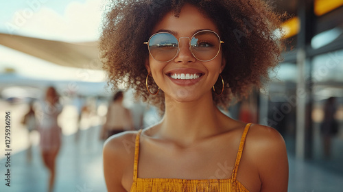 Radiant woman with sunglasses smiling in an outdoor setting. Summer vibes and positive energy emanate from her joyful expression and stylish look.