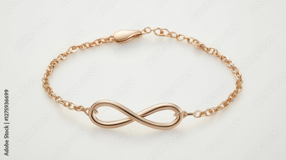 A delicate infinity bracelet in rose gold displayed on a matte white background A delicate infinity bracelet in rose gold displayed on a matte white background