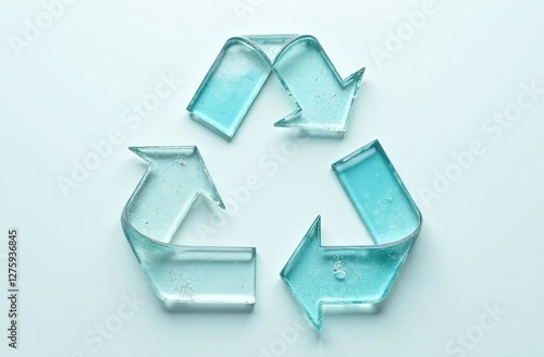 recycling symbol created from fragments of transparent and frosted glass forming three arrows in a triangle shape on a light pastel background.