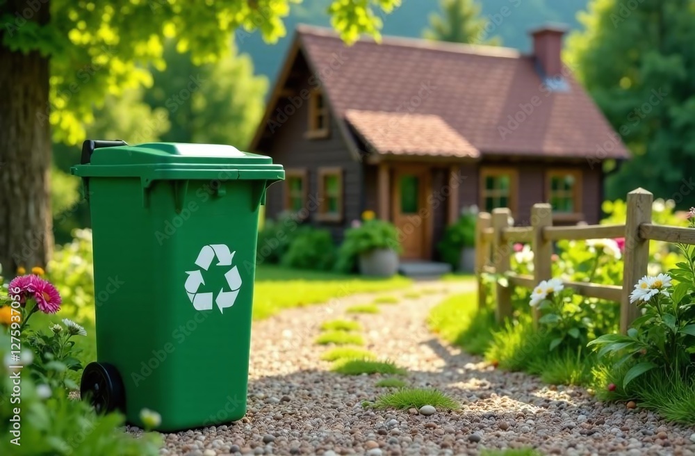 a green garbage bin with an organic waste symbol rests on a stone pathway leading to a rustic wooden cottage. a green garbage bin with an organic waste symbol rests on a stone pathway leading to a rustic wooden cottage.