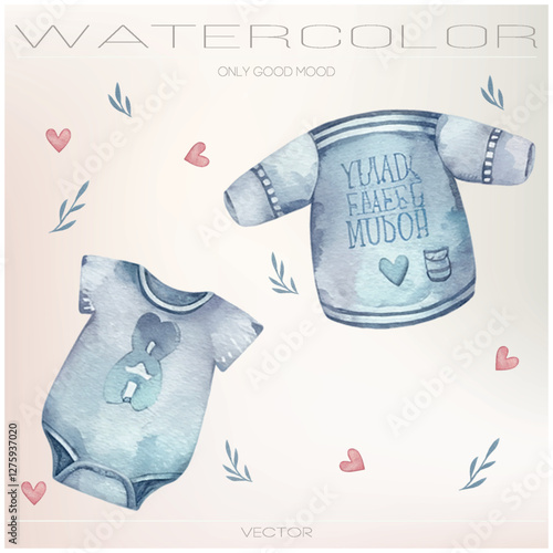 Vector watercolor images. Baby gender reveal party and newborn fashion.