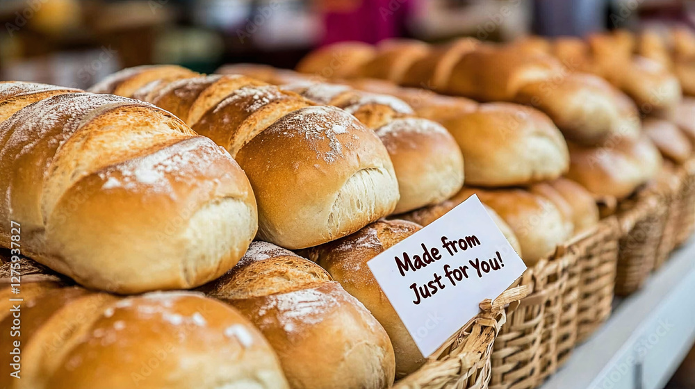 Freshly baked bread rolls displayed in baskets, sprinkled with flour. A sign reads Freshly baked bread rolls displayed in baskets, sprinkled with flour. A sign reads