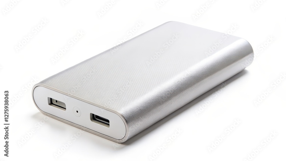 Silver Portable Power Bank on White Background Silver Portable Power Bank on White Background