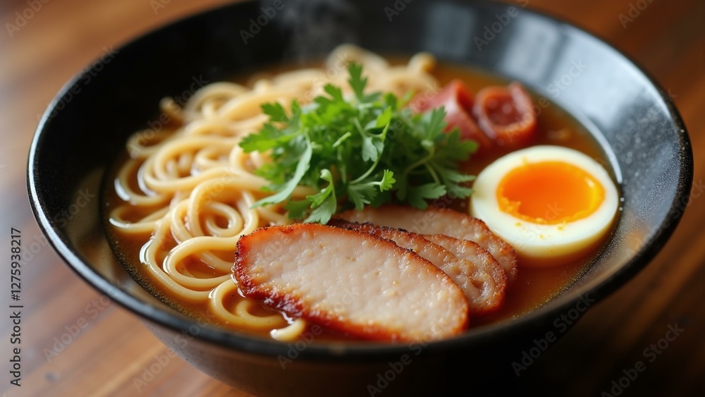 A mouthwatering 8k image of a steaming bowl of ramen adorned with delicious toppings like soft-boiled egg and sliced pork., ultra detailed, 8k resolution, HDR, professional A mouthwatering 8k image of a steaming bowl of ramen adorned with delicious toppings like soft-boiled egg and sliced pork., ultra detailed, 8k resolution, HDR, professional
