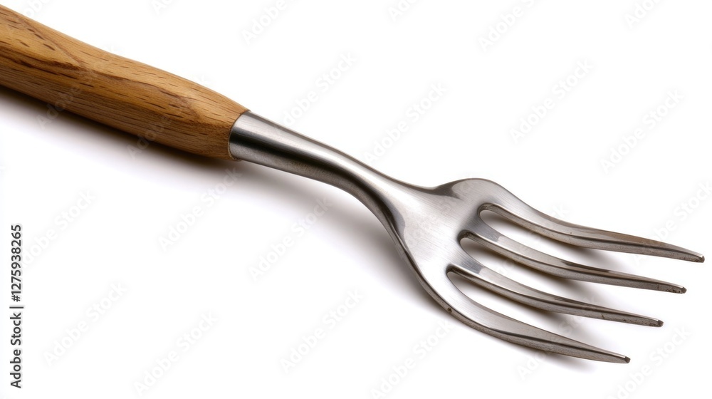 A close-up shot of a fork with a wooden handle placed on a white surface A close-up shot of a fork with a wooden handle placed on a white surface