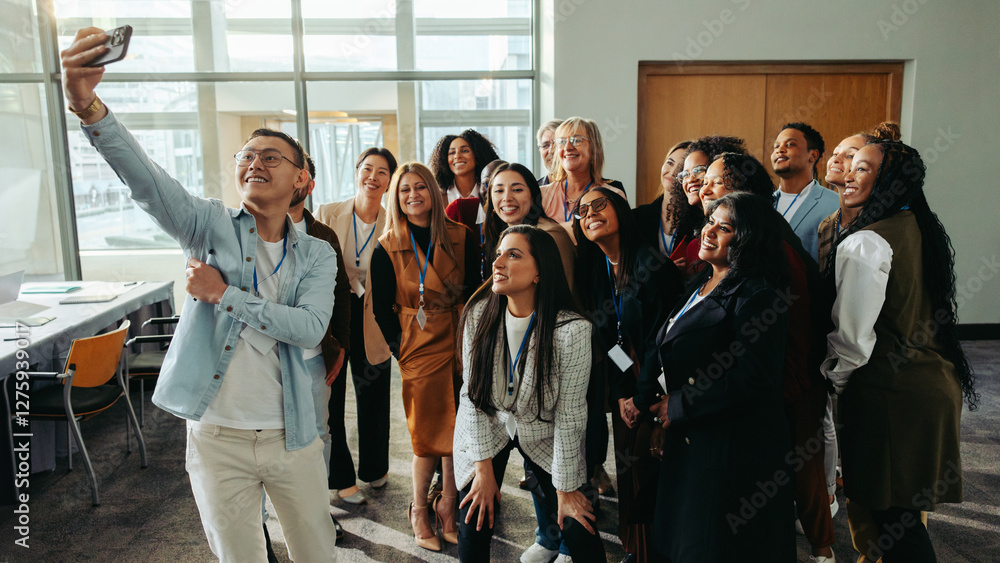 Fototapeta premium Team photo capturing unity and professional growth during an office gathering. Colleagues share a moment of togetherness and joy, emphasizing a collaborative and supportive work environment.