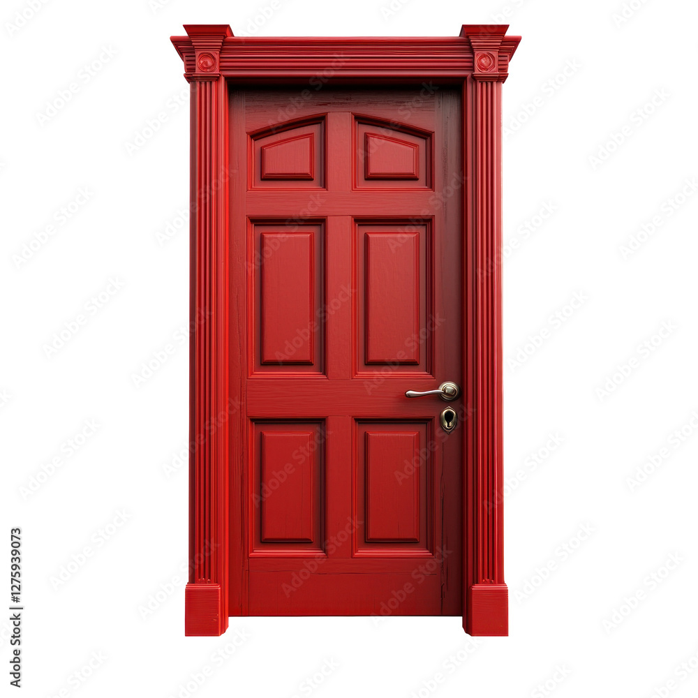 Bright red door with classic design in simple setting isolated on png transparent background, cut out Bright red door with classic design in simple setting isolated on png transparent background, cut out