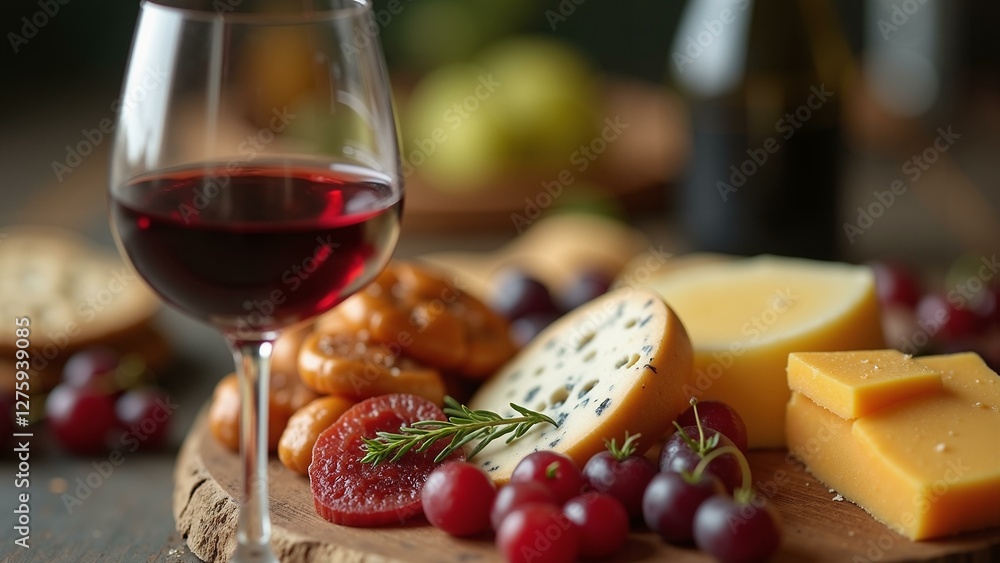 Close-up of an elegant glass of wine accompanied by a gourmet charcuterie board featuring an array of mouthwatering snacks, including delectable cheeses, crun, ultra detailed, 8k resolution, HD Close-up of an elegant glass of wine accompanied by a gourmet charcuterie board featuring an array of mouthwatering snacks, including delectable cheeses, crun, ultra detailed, 8k resolution, HD