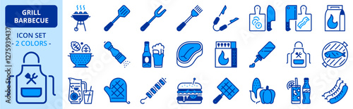 Icons in two colors about food and drink. Grill and barbecue