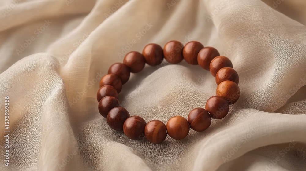 Obraz premium A handmade wooden bead bracelet with an elastic band placed on a neutral-toned fabric