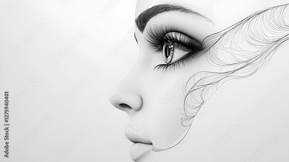 Fototapeta premium Elegant woman profile, feather design, white background, beauty advert