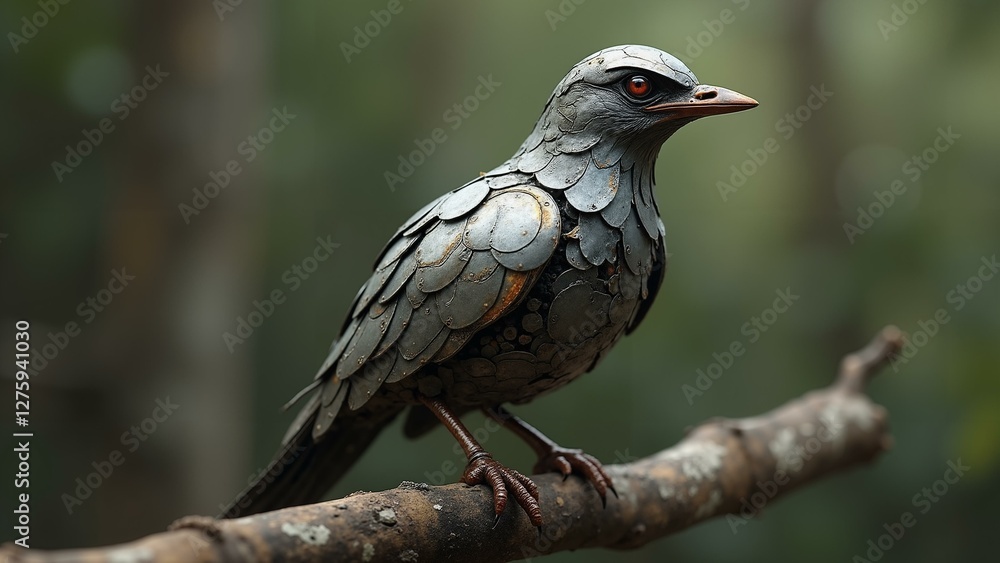 Obraz premium A beautifully rendered steampunk-inspired mechanical bird with intricate metallic feathers, sitting gracefully on a tree branch., ultra detailed, 8k resolution, HDR, professional