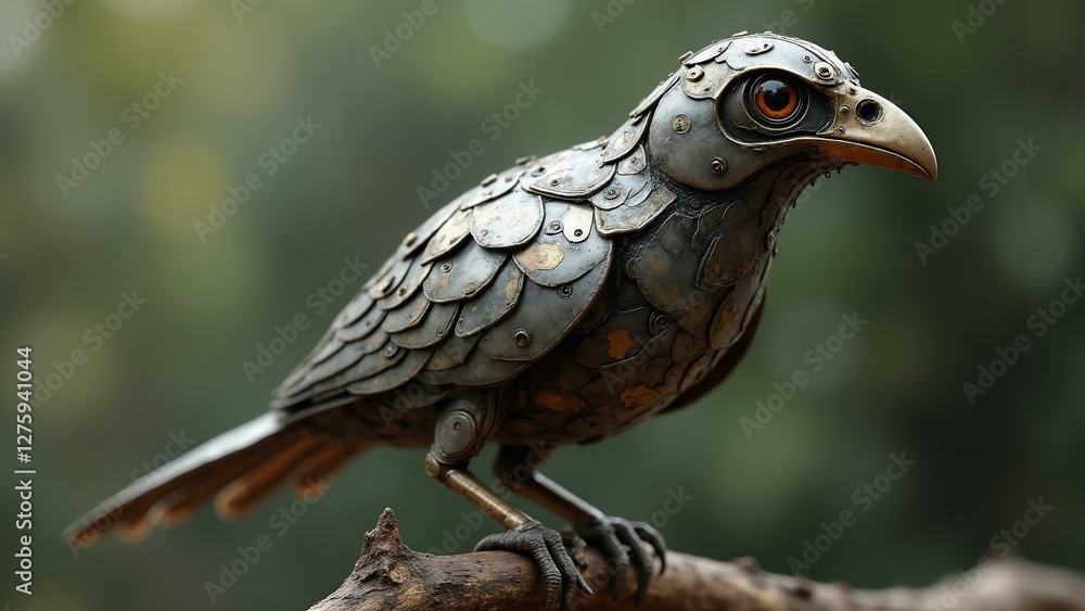 Fototapeta premium A beautifully rendered steampunk-inspired mechanical bird with intricate metallic feathers, sitting gracefully on a tree branch., ultra detailed, 8k resolution, HDR, professional