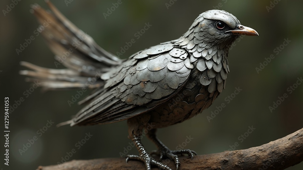 Obraz premium A beautifully rendered steampunk-inspired mechanical bird with intricate metallic feathers, sitting gracefully on a tree branch., ultra detailed, 8k resolution, HDR, professional