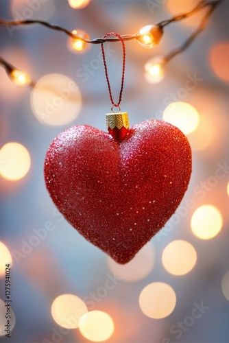 A bright red heart-shaped ornament hung from a string