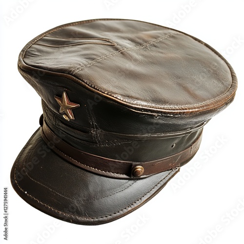 Vintage Brown Leather Military Cap - Historical Headwear with Star Symbol photo