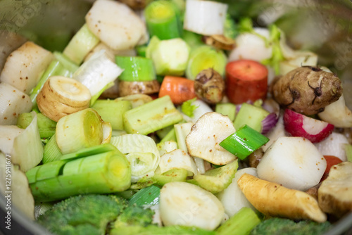 Close-up of various chopped...