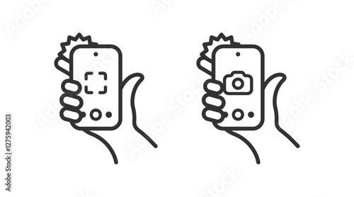 Take photo on phone icon. Hand hold mobile and do picture. Digital camera sign.