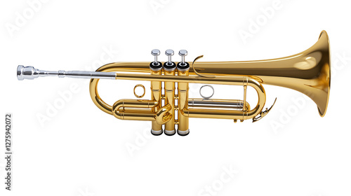 Golden Brass Trumpet with Mouthpiece and Valves PNG Isolated Transparent White Background Download photo