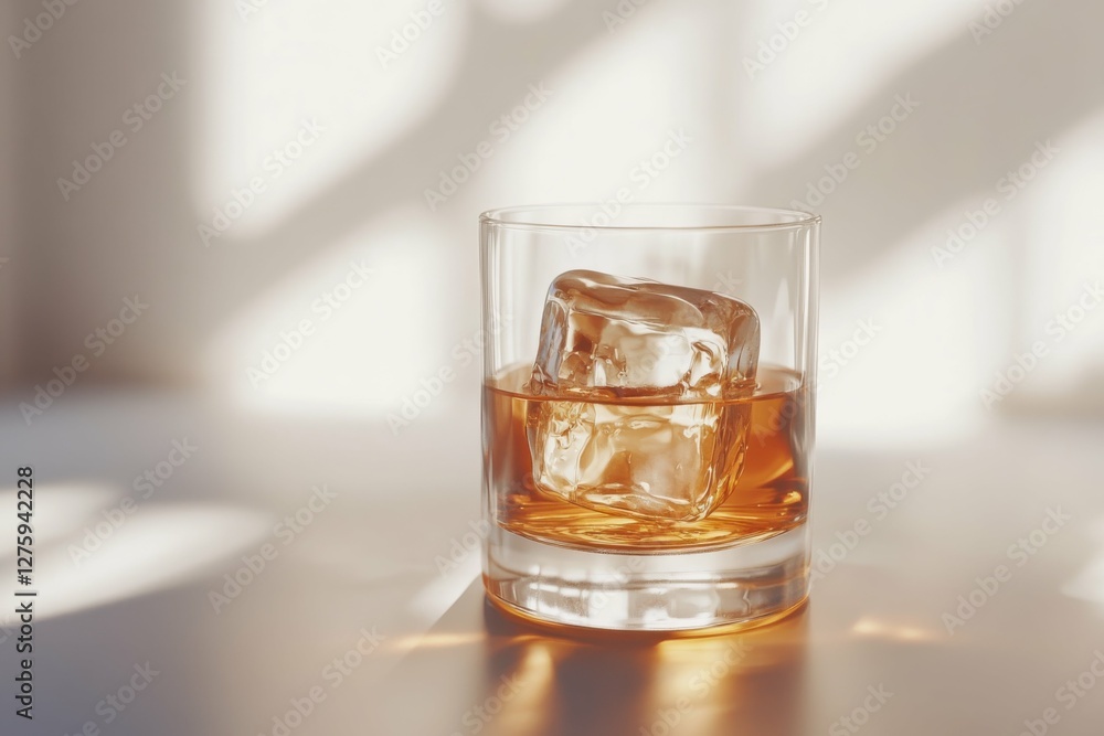 Big Ice Cube. Whiskey on the Rocks in a Glass with Hard Light and Harsh Shadows, Bright Backdrop, Copy Space