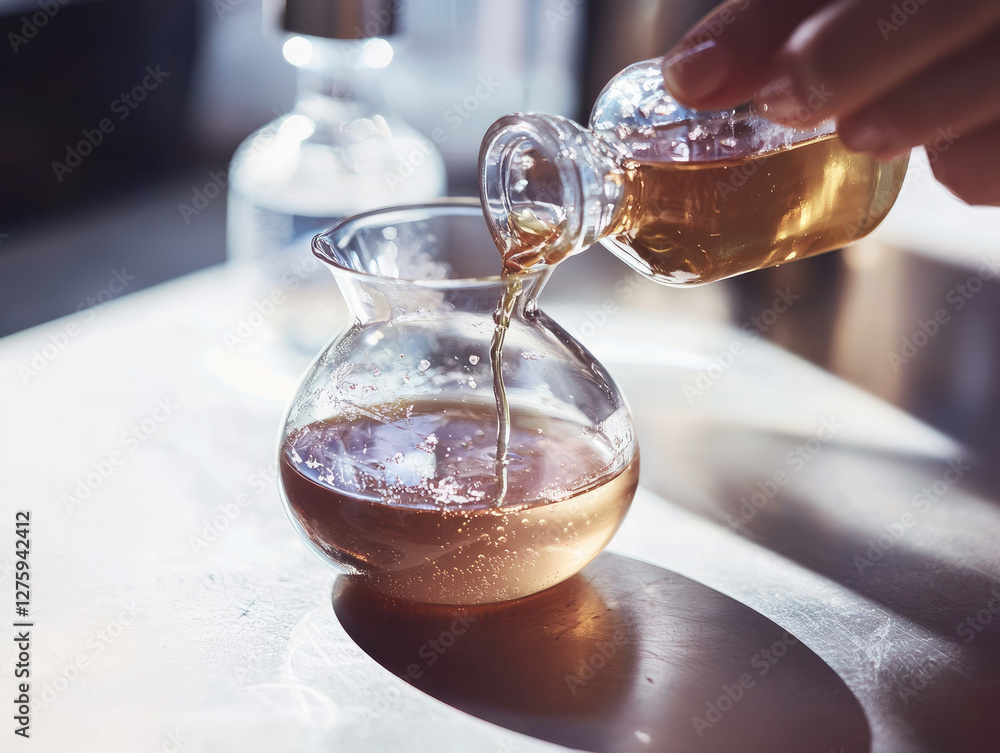 Fototapeta premium hand pours golden liquid into glass container, capturing essence of scientific experiment or culinary preparation. scene is illuminated by natural light, highlighting liquid clarity and container