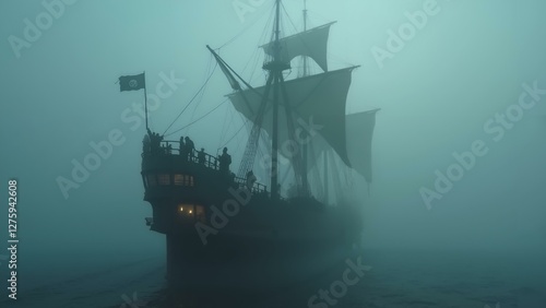   A hauntingly beautiful 8k resolution image of a pirate ship sailing through dense, eerie fog, its deck populated by ghostly figures with highly detailed textu, ultra detailed, 8k resolution, HD photo