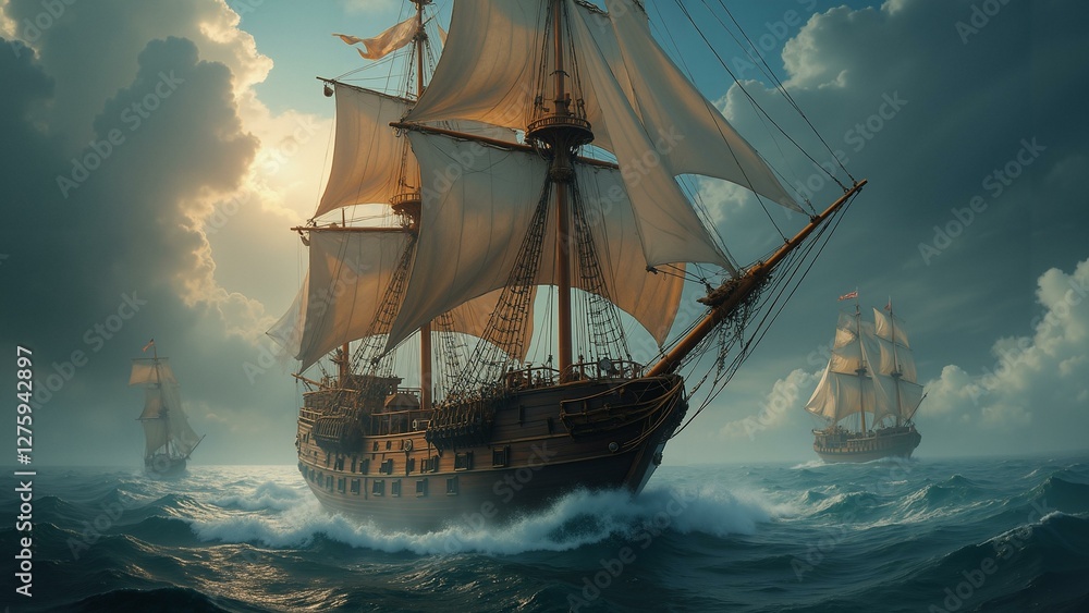 Fototapeta premium A captivating 8k resolution image featuring a pirate ship navigating through various time periods, with intricate details showcasing both the ship and its tim, ultra detailed, 8k resolution, HD