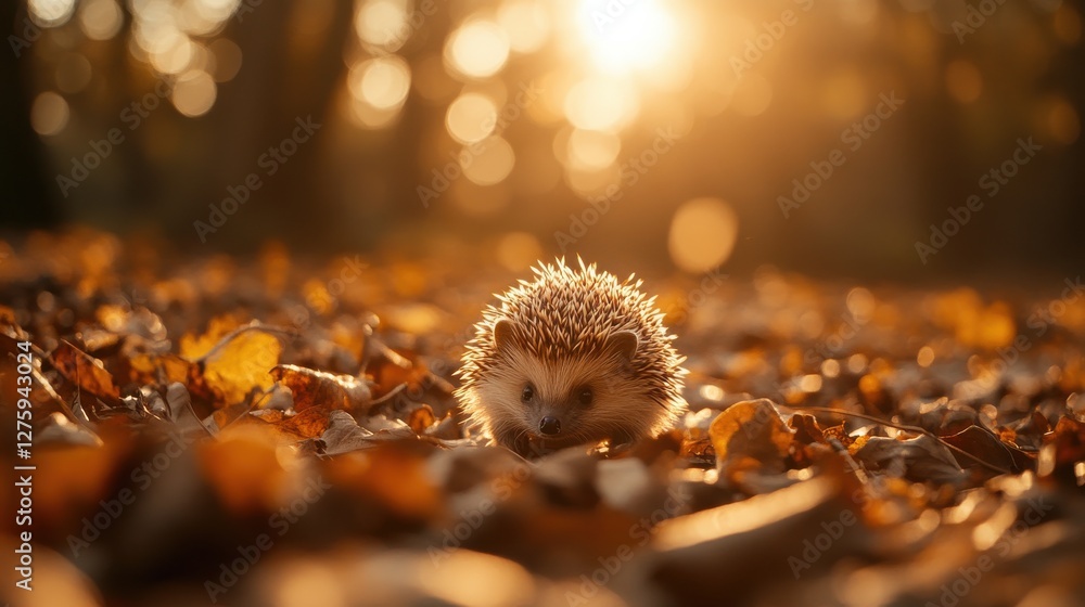 Fototapeta premium Adorable Hedgehog Curled in Autumn Leaves at Sunset in Nature