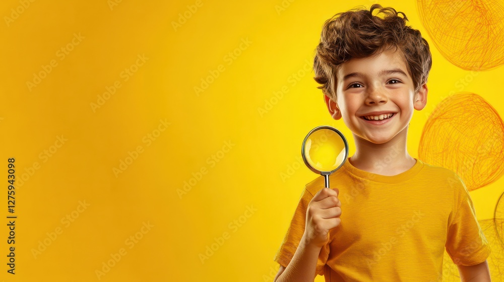Joyful Boy with Magnifying Glass Against Yellow Background Joyful Boy with Magnifying Glass Against Yellow Background