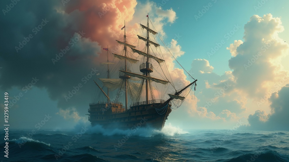 Fototapeta premium A stunningly detailed pirate ship navigates through a surreal dreamscape, with intricate textures merging seamlessly with abstract elements., ultra detailed, 8k resolution, HDR, professional