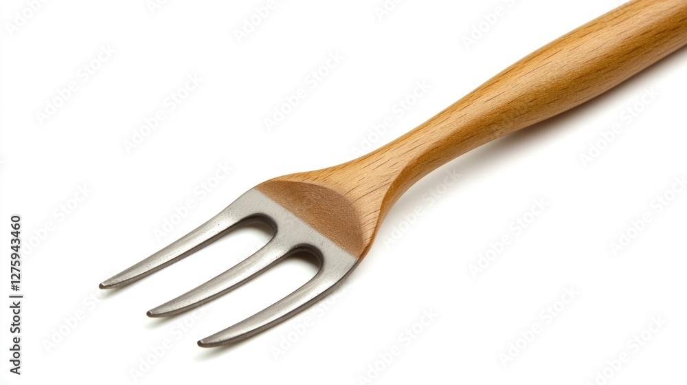 Obraz premium A close-up shot of a fork with a wooden handle on a white background