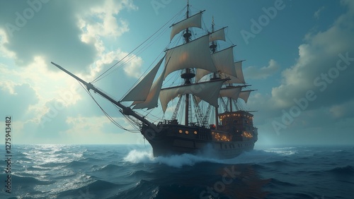   A stunning pirate ship sailing through a vivid video game environment with intricate, detailed graphics., ultra detailed, 8k resolution, HDR, professional