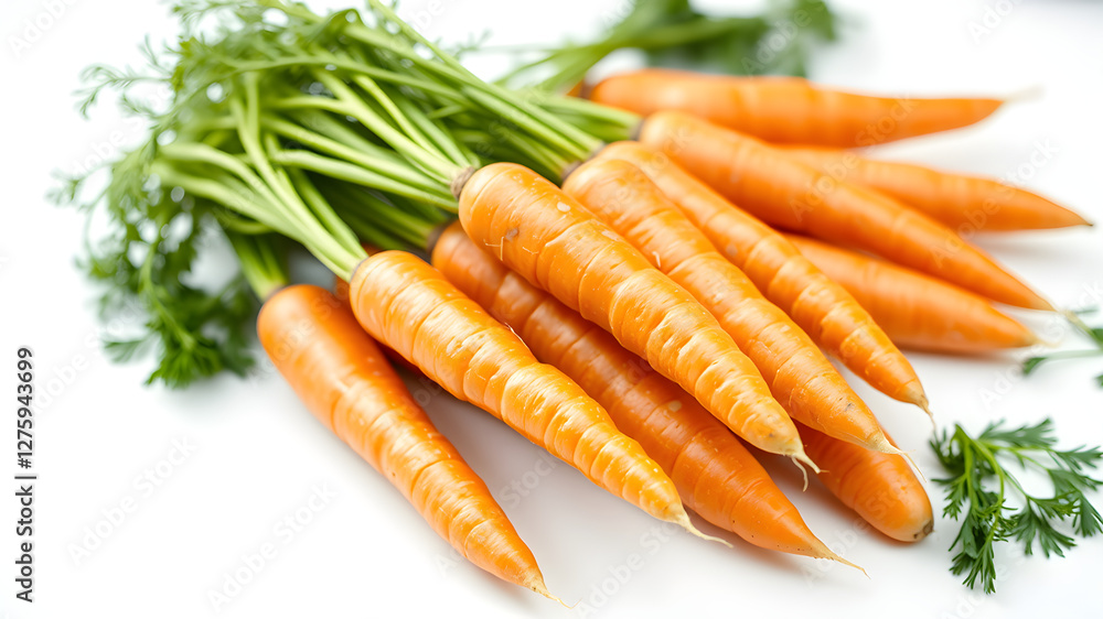 A vibrant bunch of fresh carrots with green stems, lying naturally on a white background. Hyperrealistic texture, visible root details, perfect cutout for food advertising. A vibrant bunch of fresh carrots with green stems, lying naturally on a white background. Hyperrealistic texture, visible root details, perfect cutout for food advertising.