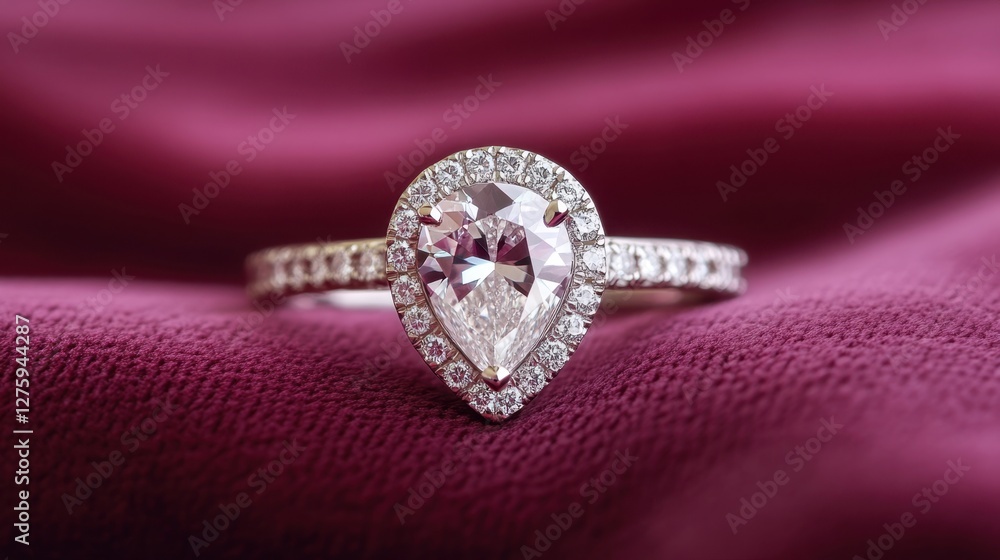 A pear-shaped engagement ring with a diamond halo setting placed on a velvet background A pear-shaped engagement ring with a diamond halo setting placed on a velvet background