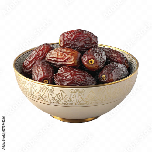 abstract 3d Royal dry dates lie in big bowl isolated on white background