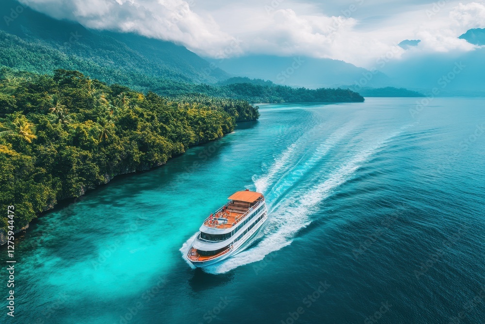 Fototapeta premium Cruise ship sailing through tropical waters. Ideal for travel, vacation, and tourism websites.