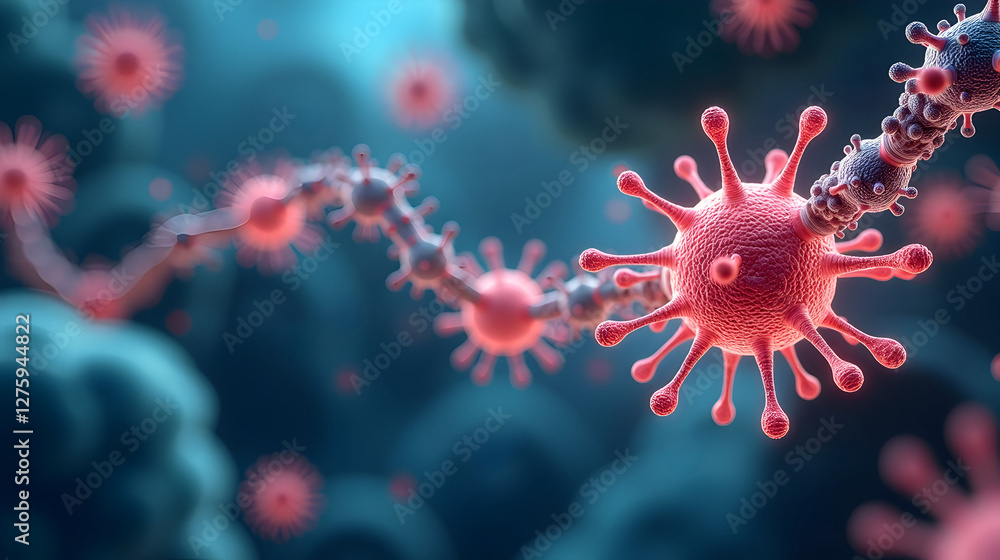 Microscopic Viral Chain: A Close-Up Look into the Intricate World of Viruses. Deep teal background. Microscopic Viral Chain: A Close-Up Look into the Intricate World of Viruses. Deep teal background.