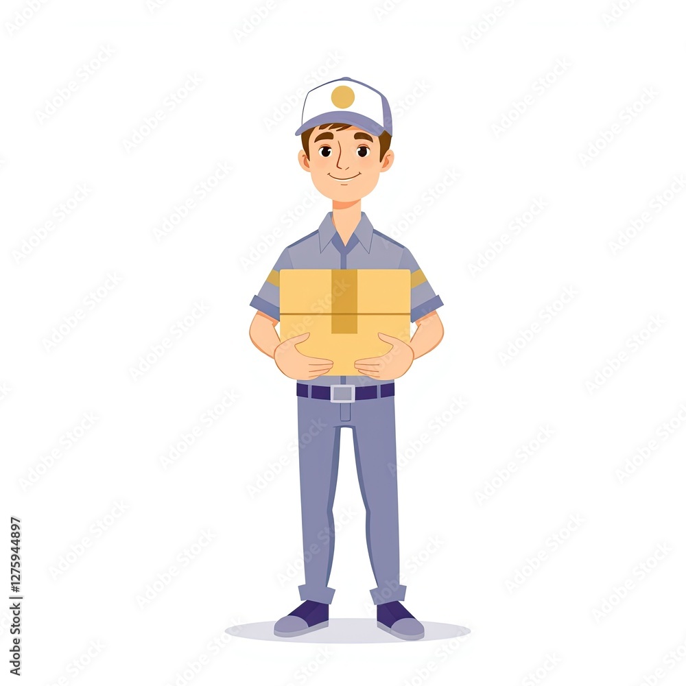 A smiling delivery man holds a cardboard box A smiling delivery man holds a cardboard box