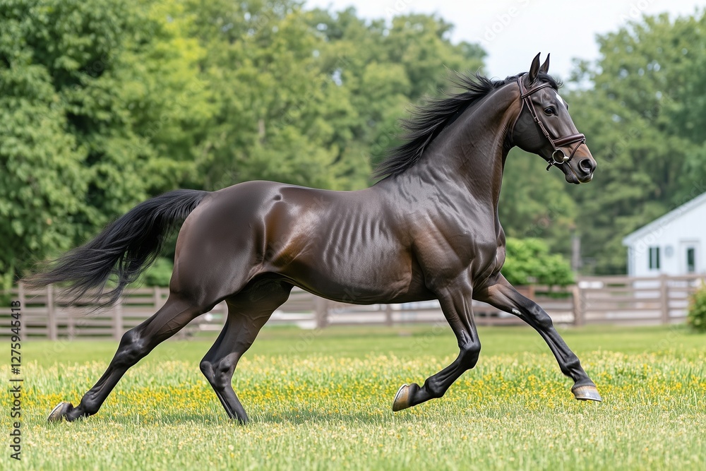 Black horse galloping across grassy field with autumn trees in the background on a sunny day Black horse galloping across grassy field with autumn trees in the background on a sunny day