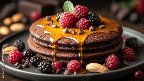 Chocolate Pancakes, Berries, Syrup, Nuts, Tabletop photo